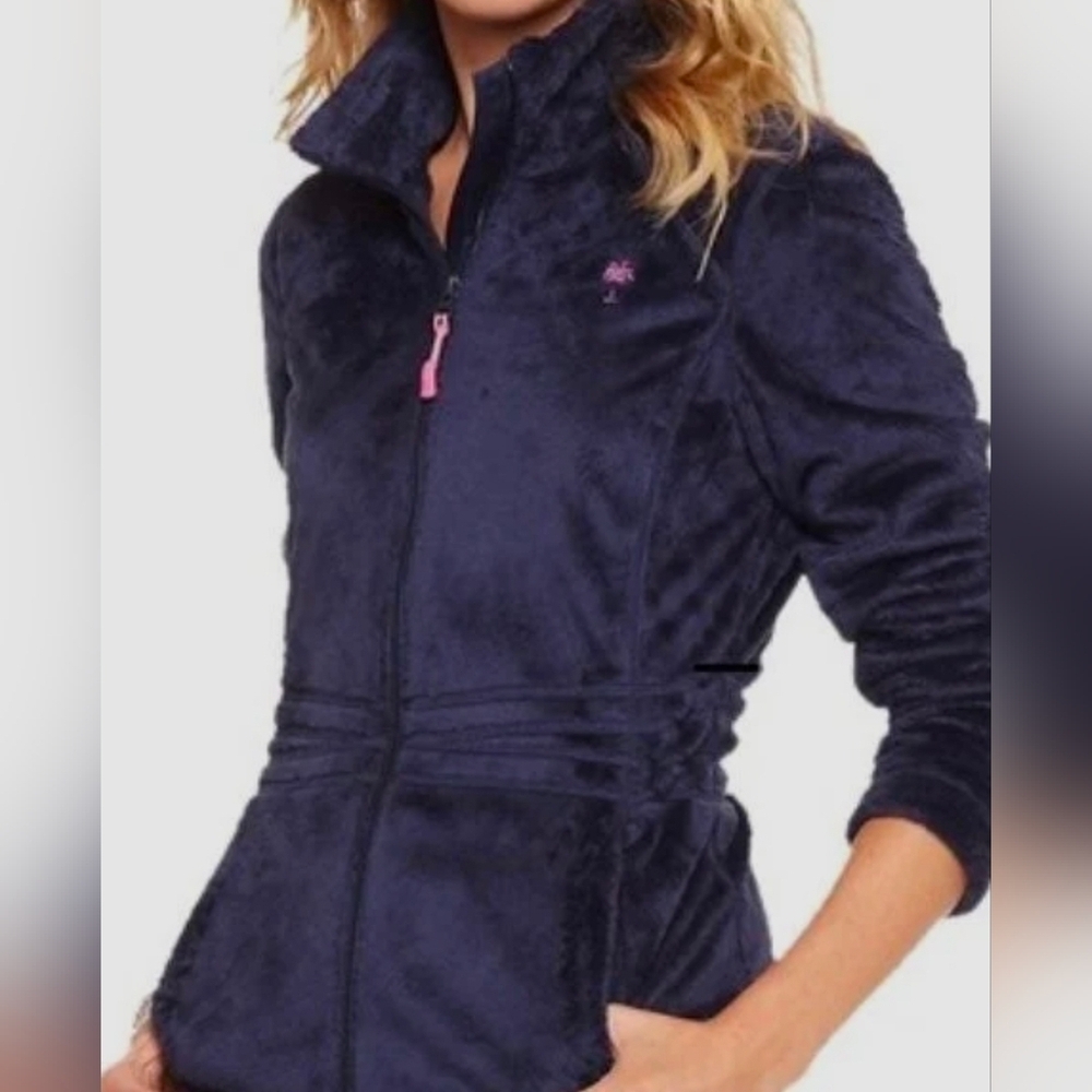 Lilly Pulitzer Navy Maddie Fleece Jacket with Pink Palm Tree Logo Sz S